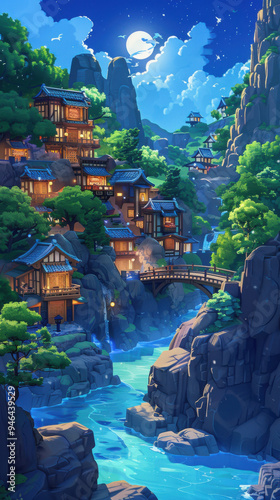 Theme park landscape ilustration, night atmosphere