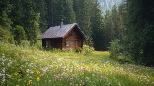 A small wooden cabin nestled in a secluded forest, surrounded by tall trees and wildflowers