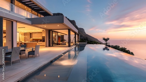 Modern house with a swimming pool, modern pool villa at the beach, luxury villa with tropical ocean at sunset