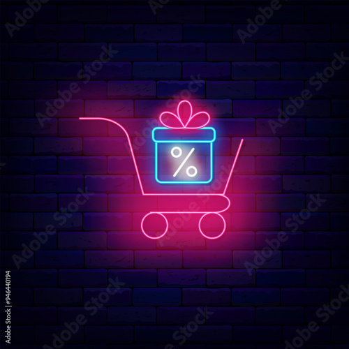 Shopping cart and gift box with percent neon icon. Marketing sign. Retail symbol. Vector stock illustration