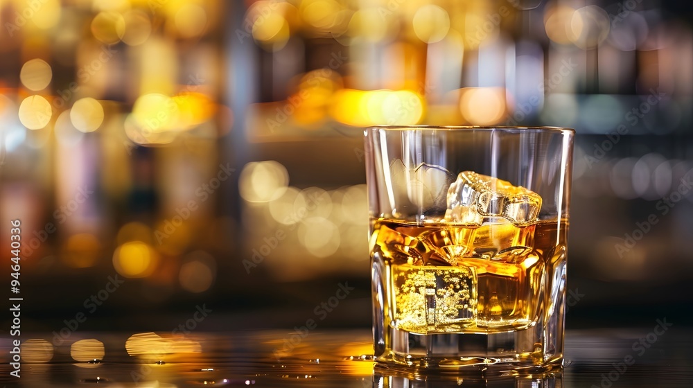 Bar, bulb lights decoration, cup of ice whiskey on table. Generative AI. Bar, bulb lights decoration, cup of ice whiskey on table. Generative AI.