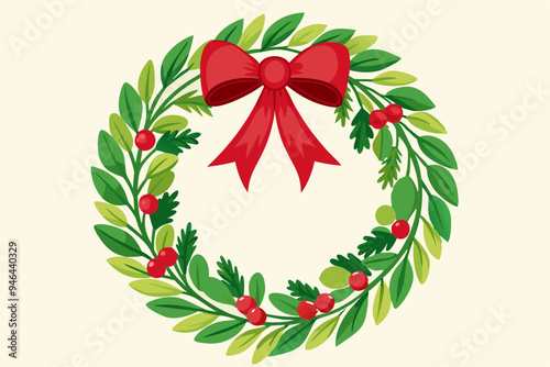Christmas wreath with mistletoe leaves and bow, watercolor clipart illustration with isolated background.
