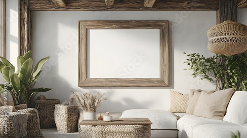 Rustic wooden frame displayed in a farmhouse inspired living room complemented by exposed beams woven accents and a warm color palette 3D render with high detail photo