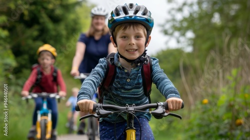 A young boy is riding a bike with his parents and siblings