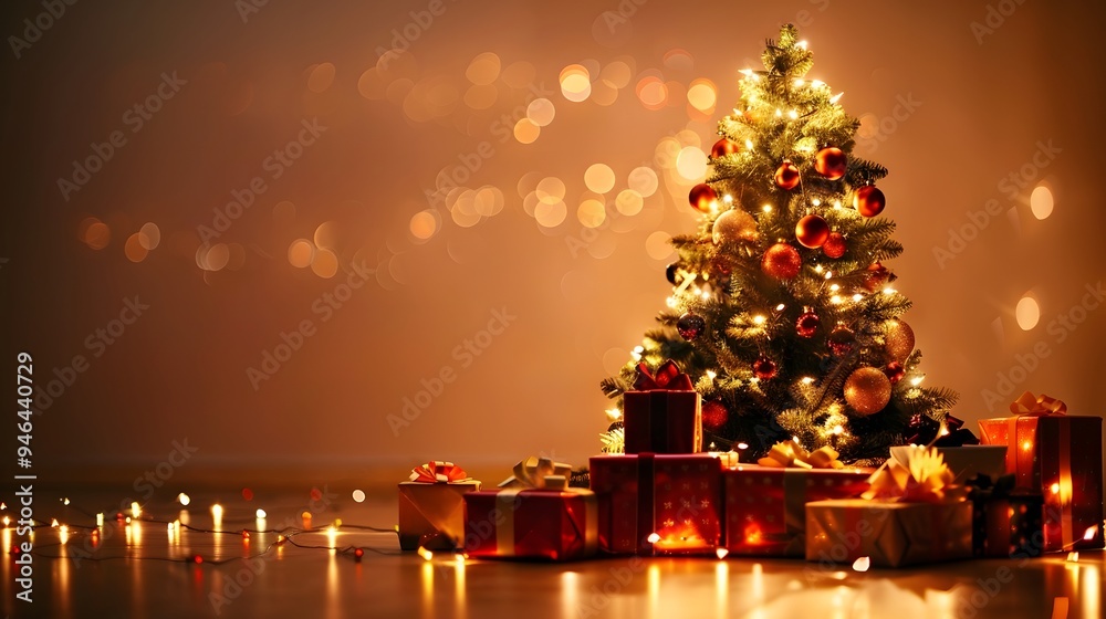 Christmas tree with a golden background and sparkling stars Christmas tree with a golden background and sparkling stars
