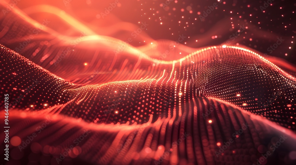 Red wave of dots on a dark background, a digital gradient for modern design. An abstract red gradient wallpaper with wavy lines and dots Red wave of dots on a dark background, a digital gradient for modern design. An abstract red gradient wallpaper with wavy lines and dots