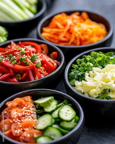 Colorful bowls of fresh chopped vegetables, perfect for salads and garnishes, showcasing a vibrant variety of healthy ingredients.