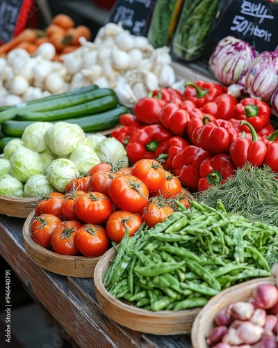 Wallpaper Mural Colorful fresh vegetables displayed at a local market, featuring tomatoes, peppers, and leafy greens in vibrant baskets. Torontodigital.ca
