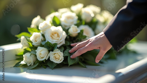 A close-up of a hand on top, touching an open casket at a funerary service The focus is sharp and detailed, with soft lighting highlighting the white roses in the bouquet Generative AI photo