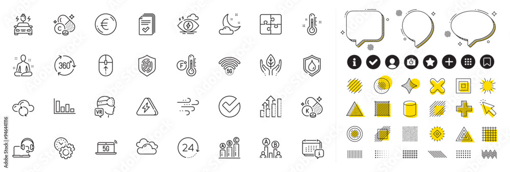 Fototapeta premium Set of Calendar, Cloud sync and Fair trade line icons for web app. Design elements, Social media icons. 5g notebook, Lightning bolt, Consult icons. Euro money, 5g wifi, Graph chart signs. Vector