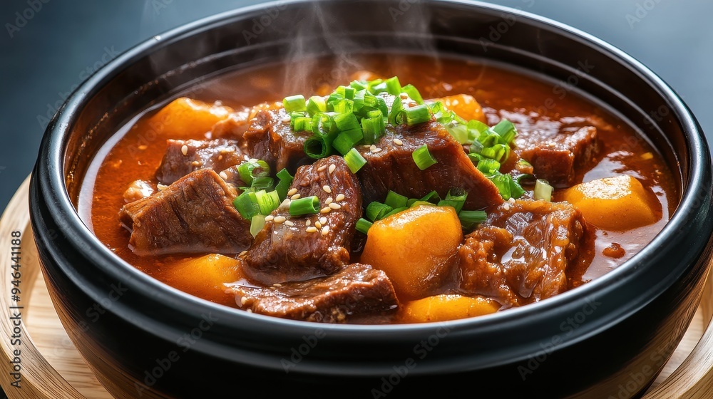 Delicious beef stew served in a traditional bowl, topped with fresh green onions and steaming hot, perfect for hearty meals. Delicious beef stew served in a traditional bowl, topped with fresh green onions and steaming hot, perfect for hearty meals.