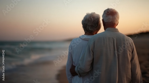 An elderly couple is seen from behind, embracing and enjoying the calm sea during dusk, representing enduring love and the tranquil moments spent together.