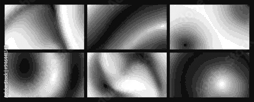 Retro futuristic monochrome bitmap backgrounds with dithering effect, abstract 1-bit pixel art gradient texture. Digital pixelated wallpaper overlay, halftone dither vector background template set