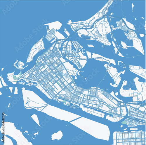 Map of Abu Dhabi in United Arab Emirates in blue. Contains layered vector with roads water, parks, etc.
