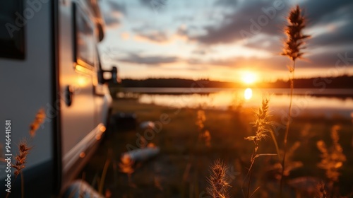 A serene image of a white van parked beside a placid lake during a stunning sunset, with golden grasses in the foreground and dramatic clouds in the sky. photo