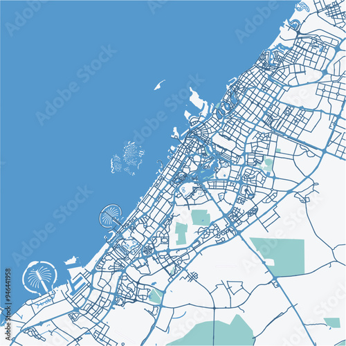 Map of Dubai in United Arab Emirates in blue. Contains layered vector with roads water, parks, etc.