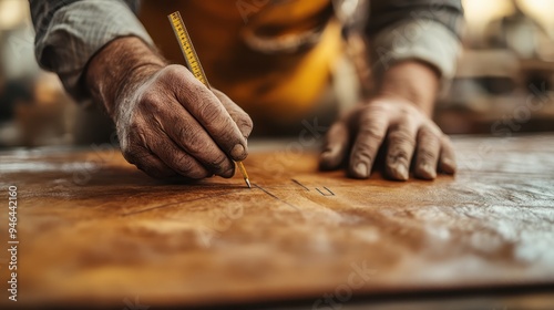 A detailed view of a carpenter's hands measuring and marking precise lines on a wooden surface, showcasing craftsmanship and attention to detail in woodworking.