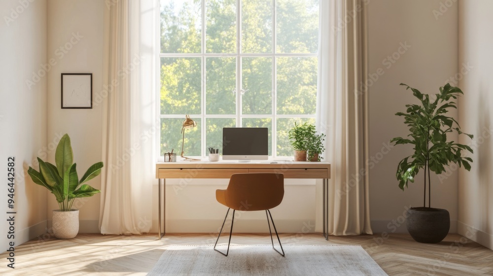 Fototapeta premium A minimalist home office with a simple desk, a comfortable chair, and a large window allowing ample natural light, showcasing an uncluttered and serene workspace.