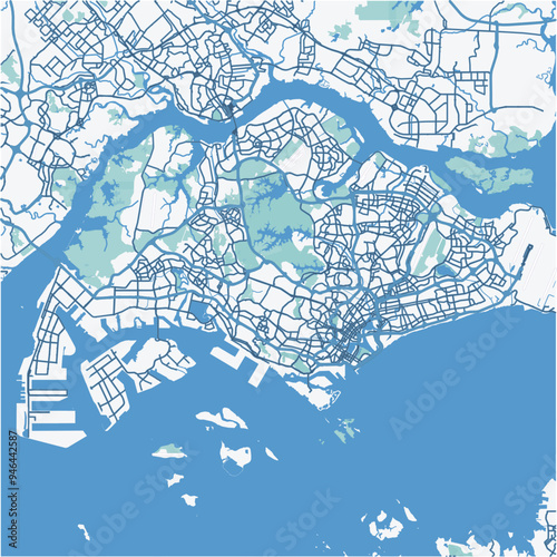 Map of Singapore in Singapore in blue. Contains layered vector with roads water, parks, etc.