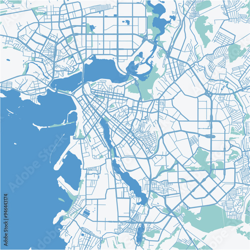 Map of Kazan in Russia in blue. Contains layered vector with roads water, parks, etc.