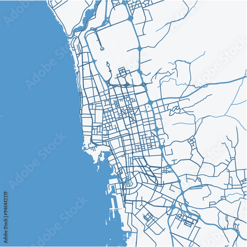 Map of Jeddah in Saudi Arabia in blue. Contains layered vector with roads water, parks, etc.