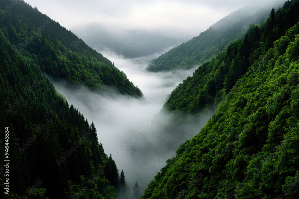 A serene valley enveloped in mist, showcasing lush greenery and towering trees, creating a peaceful and tranquil atmosphere.