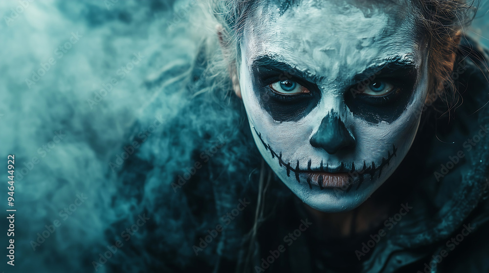 A terrified woman in a tattered Halloween costume, face painted as a white clay skull, professional makeup enhancing her scared expression A terrified woman in a tattered Halloween costume, face painted as a white clay skull, professional makeup enhancing her scared expression