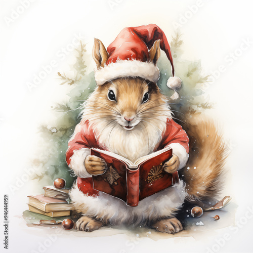 watercolored baby squirel with christmas hat reading in santas book in winter