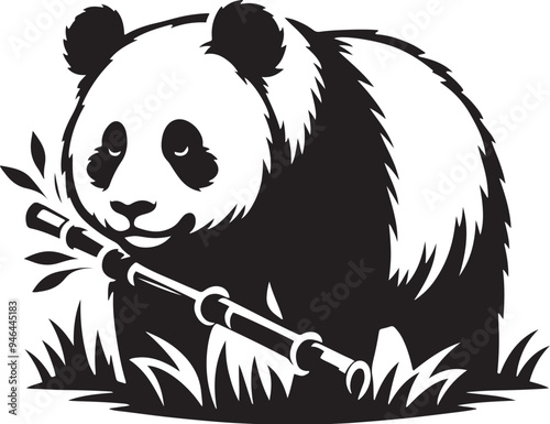 Cute panda bear sitting on bamboo with leaves.