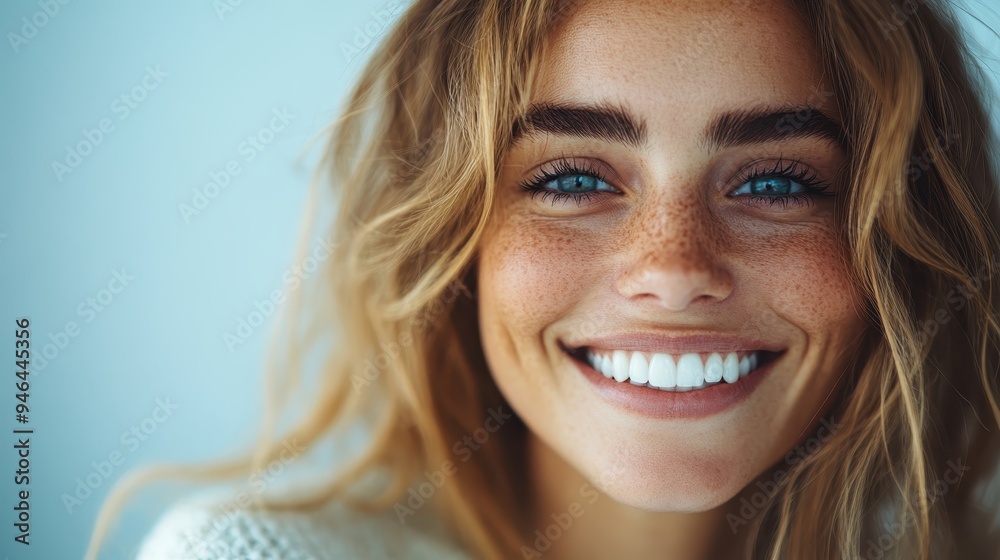 A close-up portrait of a smiling woman with freckles and bright white teeth, exuding happiness and natural beauty. The background is softly blurred, keeping the focus on her face. A close-up portrait of a smiling woman with freckles and bright white teeth, exuding happiness and natural beauty. The background is softly blurred, keeping the focus on her face.
