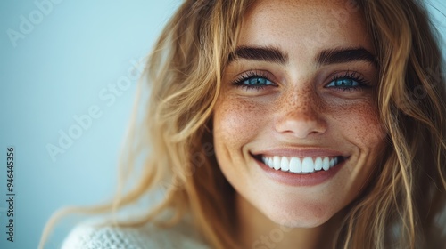 A close-up portrait of a smiling woman with freckles and bright white teeth, exuding happiness and natural beauty. The background is softly blurred, keeping the focus on her face.