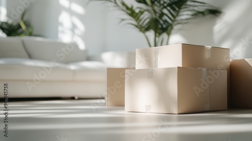 Cardboard boxes stacked in a bright living room illuminated by natural light, suggesting a recent move or an upcoming relocation, highlighting a sense of new beginnings. photo