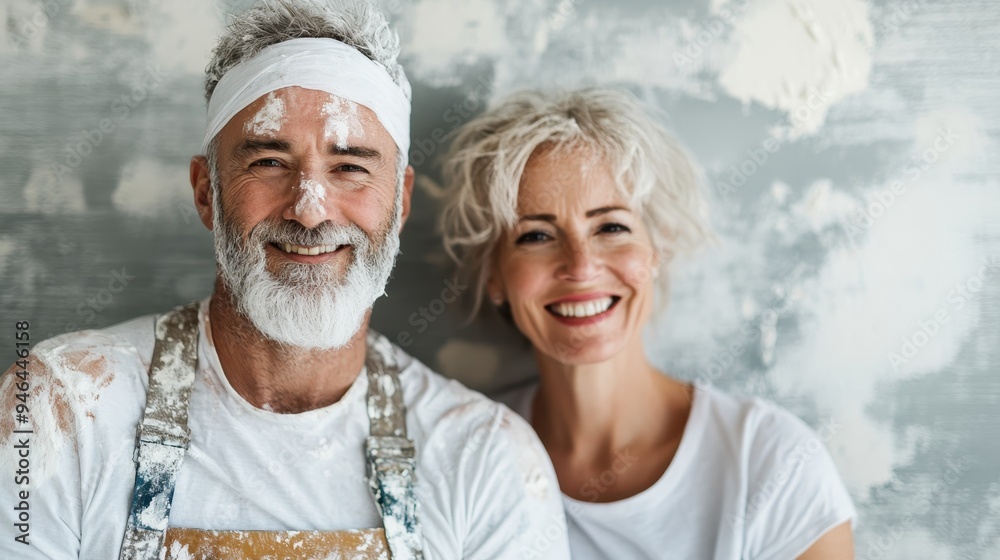 An older couple smiling happily with paint splashes on their clothes, standing together. The background appears to be a wall with paint marks, suggesting they are painting together. An older couple smiling happily with paint splashes on their clothes, standing together. The background appears to be a wall with paint marks, suggesting they are painting together.