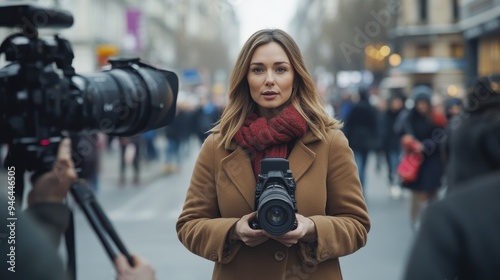 Female European news reporter working on location with camera in urban street setting on a busy day during autumn photo