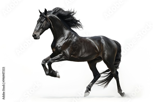 A majestic black horse rears gracefully against a white background, showcasing its strength and beauty.