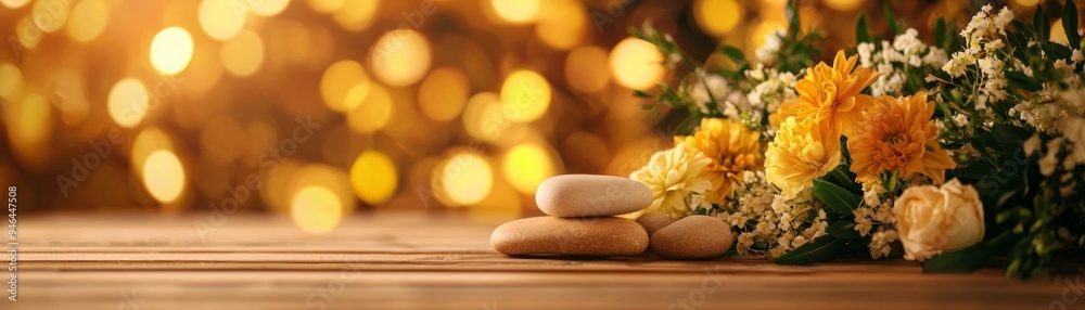 A wooden spa room with a woman receiving a hot stone massage, surrounded by blooming flowers A wooden spa room with a woman receiving a hot stone massage, surrounded by blooming flowers