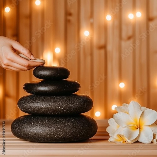 A wooden spa room with a woman enjoying a hot stone therapy session, surrounded by fresh flowers