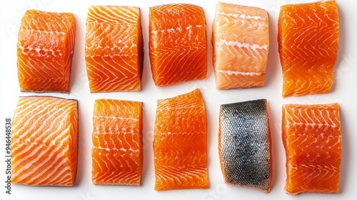 Salmon Fillet Assortment: A top-down view of various cuts of salmon or trout fillets, highlighting their texture and rich color, isolated on a clean white background. photo