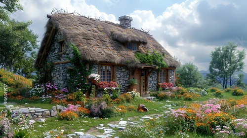 Stone Cottage in a Flower Garden