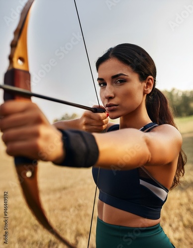 Primer plano de una mujer joven practicando tiro con arco; deporte olímpico photo