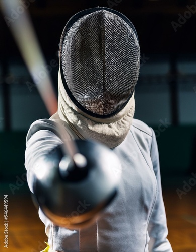 Primer plano de una mujer practicando esgrima; deporte olímpico photo