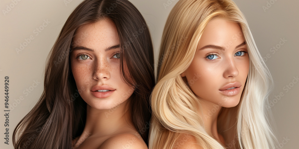 Close-Up Portrait of Two Stunning Models – Freckled Brunette and Blonde – with Natural Beauty and Radiant Skin Close-Up Portrait of Two Stunning Models – Freckled Brunette and Blonde – with Natural Beauty and Radiant Skin