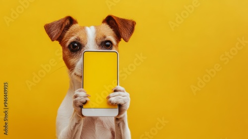 Jack russell terrier dog is holding a smartphone with a yellow screen, creating space for your custom message photo