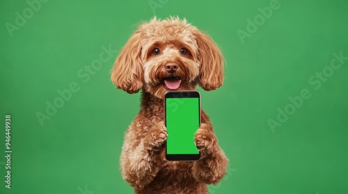 Happy dog holding a smartphone with a green screen on a green background. Mockup