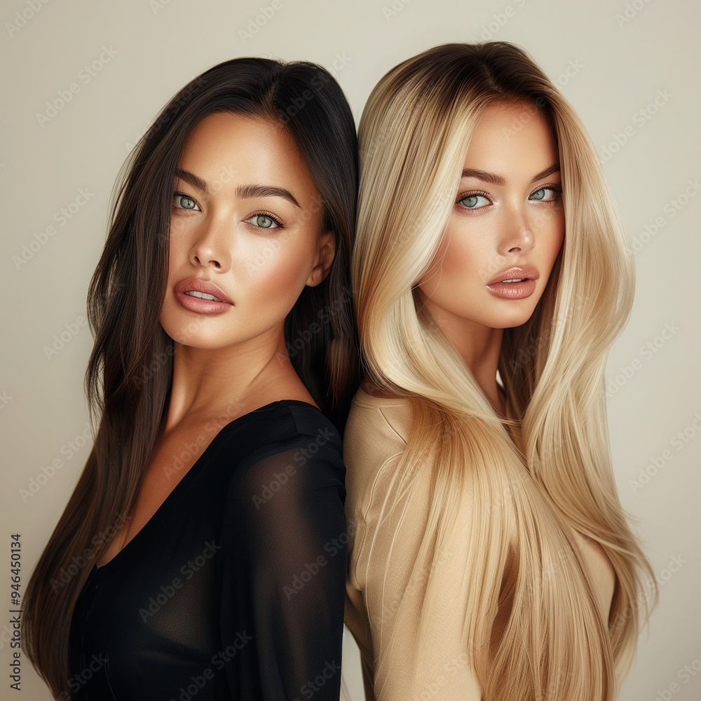 Portrait of Two Glamorous Women with Long, Shiny Hair – Blonde and Brunette – in a Stylish Fashion Pose Portrait of Two Glamorous Women with Long, Shiny Hair – Blonde and Brunette – in a Stylish Fashion Pose