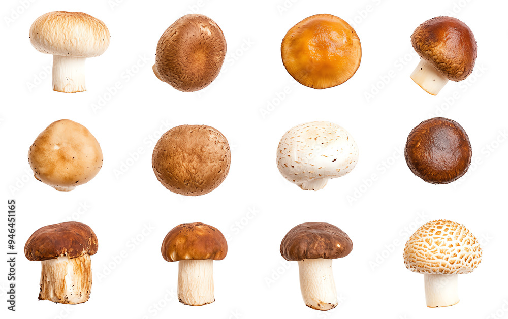 A variety of fresh mushrooms displayed for culinary inspiration, showcasing different colors and textures. A variety of fresh mushrooms displayed for culinary inspiration, showcasing different colors and textures.