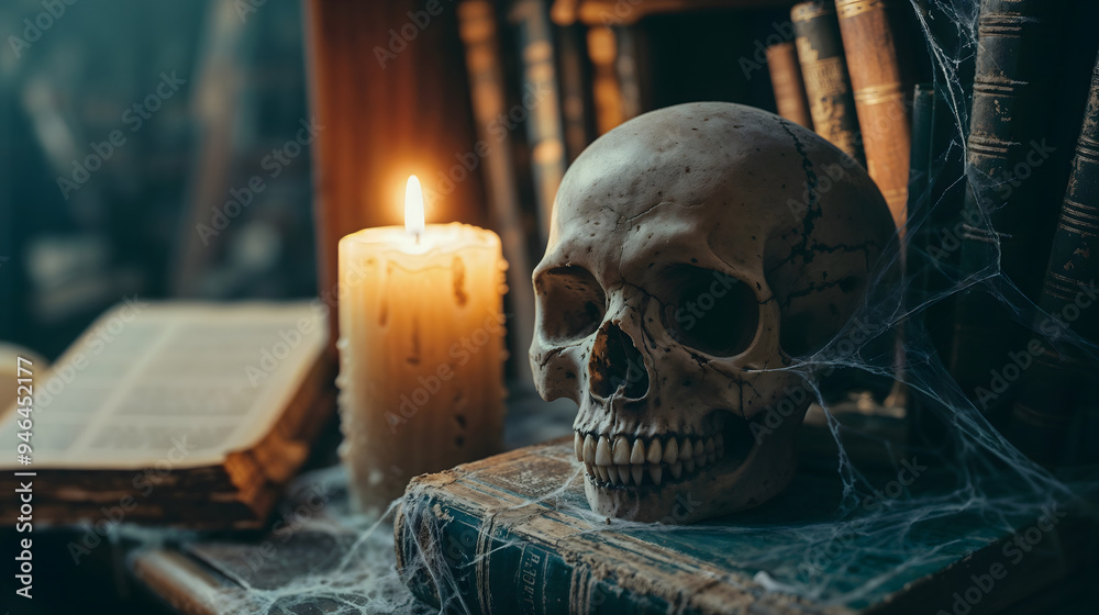 Human skull on bookshelf with candlelight and cobwebs in dark spooky room Human skull on bookshelf with candlelight and cobwebs in dark spooky room
