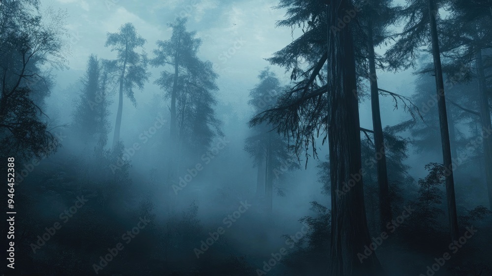 Fog rolling through a dense forest of tall, ancient trees, creating an eerie yet peaceful scene Fog rolling through a dense forest of tall, ancient trees, creating an eerie yet peaceful scene