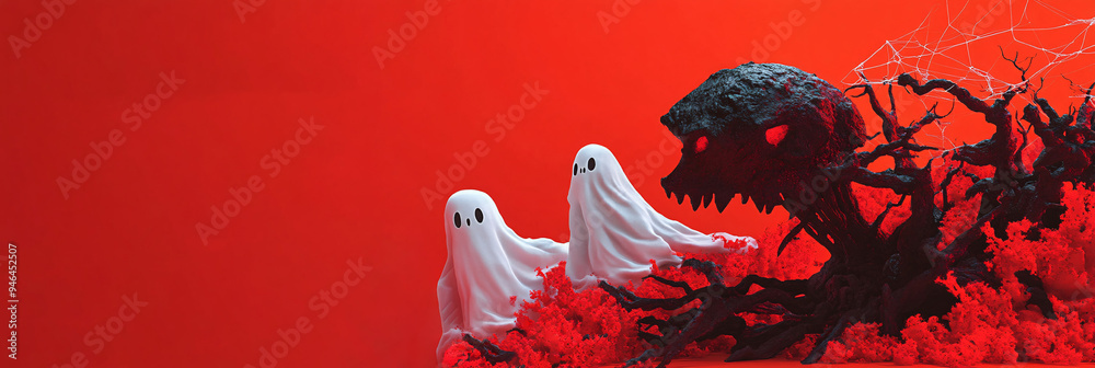 Playful ghost figures explore a spooky scene with a menacing creature against a vibrant red backdrop. Playful ghost figures explore a spooky scene with a menacing creature against a vibrant red backdrop.