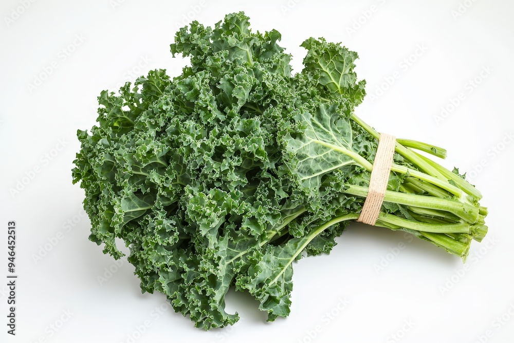 A bunch of fresh kale, showcasing its vibrant green color and curly leaves. A bunch of fresh kale, showcasing its vibrant green color and curly leaves.